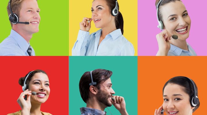 Is Telemarketing Dead? Here are 6 different telemarketing professionals in colored backgrounds talking to clients.